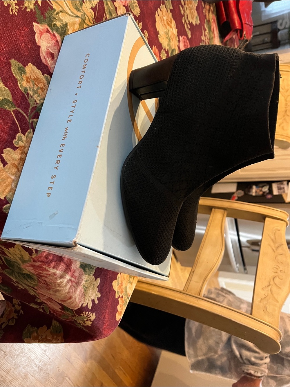 Life Stride Black Knit Ankle Booties with Low Block Heel